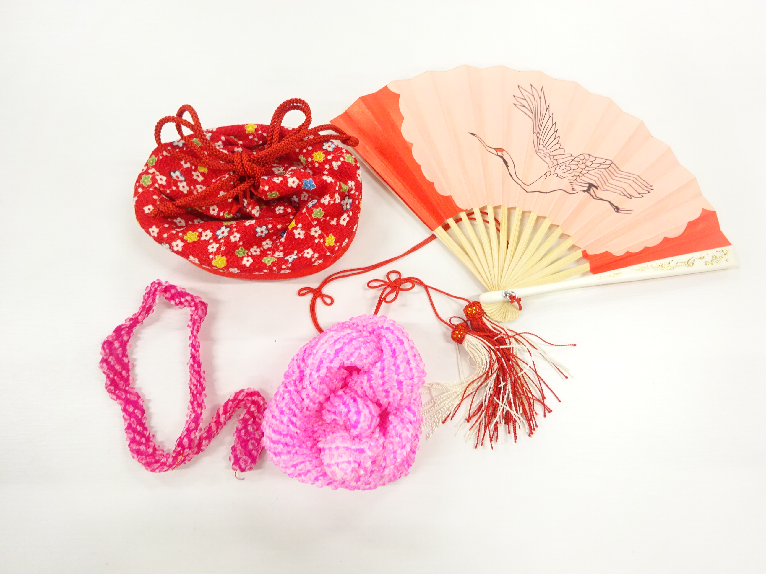 JAPANESE KIMONO / ANTIQUE MINI DRAWSTRING BAG & HAIR ACCESSORY & FAN SET FOR KIDS